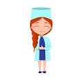 A happy doctor in a blue lab coat. The red-haired girl smiles. Vector illustration on a white isolated background. Stock