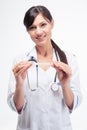 Happy doctor holding clinical thermometer Royalty Free Stock Photo