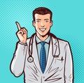 Happy doctor with index finger. Hospital, pharmacy, health, medicine concept. Pop art retro comic style. Cartoon vector