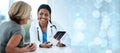 Happy doctor, patient and tablet for health on banner, bokeh and overlay in mock up for insurance. Female, medical