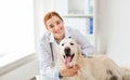 Happy doctor with retriever dog at vet clinic
