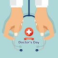 Happy doctor`s day with hand`s doctor hold stethoscope and white cross plus in red circle sign vector design