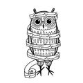 Happy Doctor's Day. Owl in the form of a cardiologist. Vector hand drawn cartoon illustration.