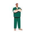 Happy doctor surgeon in scrubs. Medic, healthcare clinic worker, medical practitioner in hospital uniform, standing and Royalty Free Stock Photo