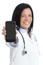 Happy doctor woman showing a blank smart phone display application Royalty Free Stock Photo