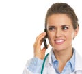 Happy doctor woman talking cell phone Royalty Free Stock Photo