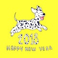 Happy dog as a symbol 2018,isolated on yellow background.Design