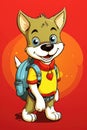 Happy dog with backpack, cartoon style. Back to school theme. Puppy on red background illustration. AI Generated Royalty Free Stock Photo