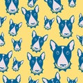 Happy dog bull terrier black and white vector background. Seamless pattern.