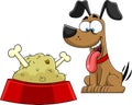 Happy Dog Cartoon Character With Bowl Food And Bones Royalty Free Stock Photo