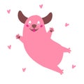 Happy dog. Cartoon funny pink puppy jump in hearts