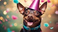 Happy dog celebrating birthday party with party hat and falling confetti on pastel background Royalty Free Stock Photo