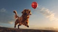 Happy dog chasing red balloon outside at sunset