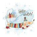 Happy dog Dachshund skates in winter in a knitted sweater and hat.Winter greeting card. Watercolors and graphics. Vector