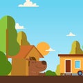 Happy dog in doghouse, vector illustration. Simple outdoor scene, cute pet cartoon character. Flat style landscape with Royalty Free Stock Photo