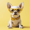 happy dog glasses animal portrait background pet cute puppy chihuahua yellow. Generative AI. Royalty Free Stock Photo
