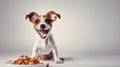 Happy dog eats from bowl white background