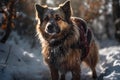 Happy smiling dog, walking in the snow, wearing a dog coat, on a crisp sunny winter day Royalty Free Stock Photo