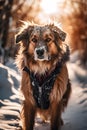 Happy smiling dog, walking in the snow, wearing a dog coat, on a crisp sunny winter day Royalty Free Stock Photo