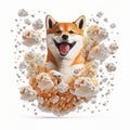 Happy dog flying in popcorn cloud on white background. Excited corgi or shiba inu, happy animal character. AI generative