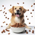 Happy dog in front of bowl of croquettes fly around on white background. ai generative