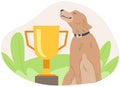 Happy dog with gold cup icon on green park background Flat illustration of dog show winner