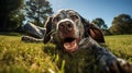 Happy dog on green grass with fish eye lens