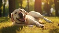 Happy dog on green grass with fish eye lens