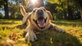 Happy dog on green grass with fish eye lens