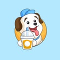 Happy dog holding fresh delicious drink cup animal mascot cartoon vector illustration