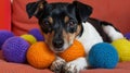 Happy dog joyfully engaging with toys in a warm and inviting living room environment