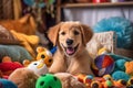 A Happy dog with lot of dog toys Royalty Free Stock Photo