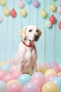 Happy dog with party hat and balloons. Party, birthday, celebration concept. AI generative Royalty Free Stock Photo