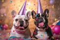 Happy dog with paty hat and balloons. Party, birthday, celebration concept. Royalty Free Stock Photo