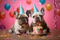 Happy dog with party hat and balloons. Party, birthday, celebration concept. Royalty Free Stock Photo