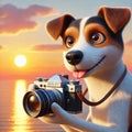 Happy dog photographer with sunset camera. Royalty Free Stock Photo