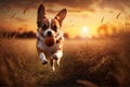 Happy dog playing with the ball in a meadow during summer sunset. Generative ai Royalty Free Stock Photo