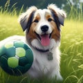 a happy dog posing with a ball in a lush green field trending on artstation sharp focus studio