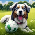 a happy dog posing with a ball in a lush green field trending on artstation sharp focus studio