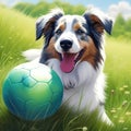 a happy dog posing with a ball in a lush green field trending on artstation sharp focus studio