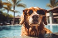 Happy dog relaxing by the pool. Generative AI Royalty Free Stock Photo