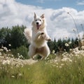 Happy dog running and jumping through a meadow with flowers. Generative ai Royalty Free Stock Photo