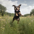 Happy dog running and jumping through a meadow with flowers. Generative ai Royalty Free Stock Photo