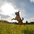 Happy dog running and jumping through a meadow with flowers. Generative ai Royalty Free Stock Photo