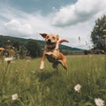 Happy dog running and jumping through a meadow with flowers. Generative ai Royalty Free Stock Photo