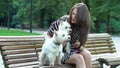 Happy dog sitter woman sitting on bench with two puppies doggies. Static shot.