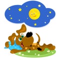 Happy dog sleeps on a pillow under the moon and stars Royalty Free Stock Photo