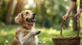 A happy dog standing on its hind legs eagerly waiting for a treat from its owners picnic basket Royalty Free Stock Photo