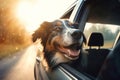 Happy dog sticking head out of the car window while on a trip. Generative AI Royalty Free Stock Photo