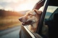 Happy dog sticking head out of the car window while on a trip. Generative AI Royalty Free Stock Photo